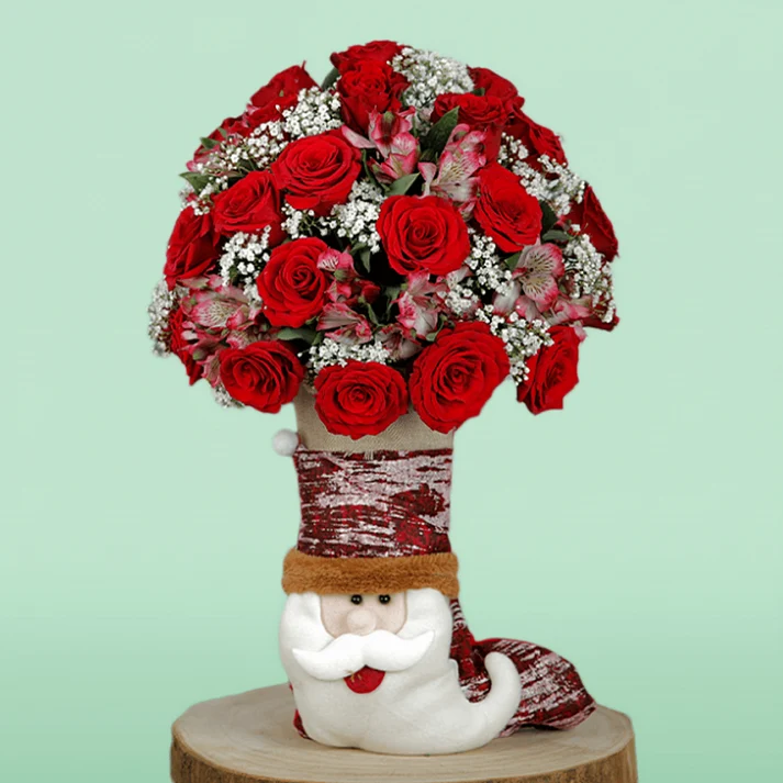 Bunch-of-Red-Rose-Alstroemeria-in-Santa-Claus-Socks-1 Bunch of Red Rose & Alstroemeria in Santa Claus Socks - Image 1
