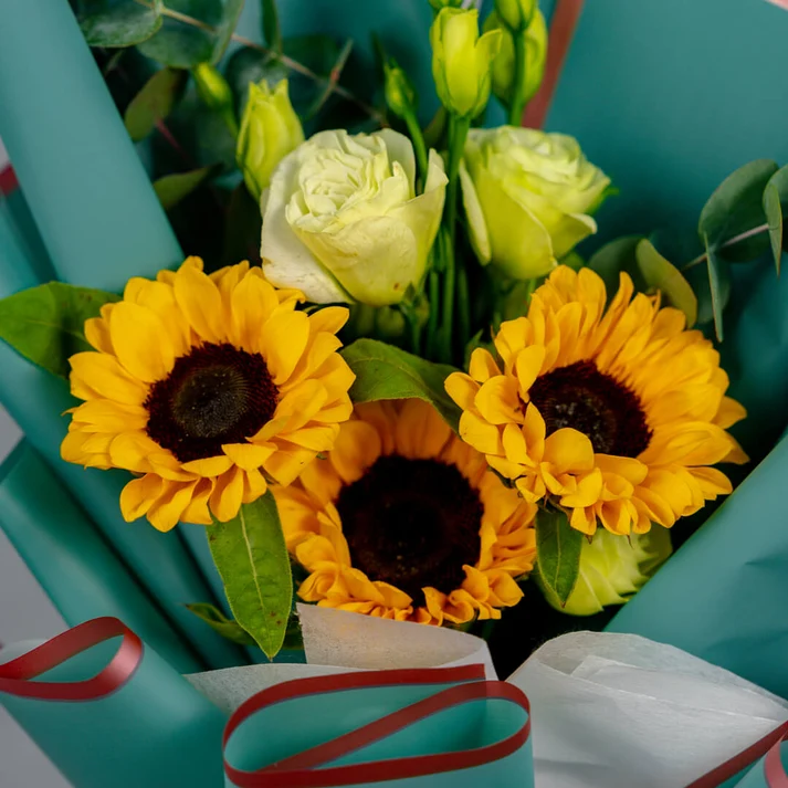 Charming-Hand-Tied-Bouquet-3 Sunflower Rose and Eustoma Bouquet - Image 1