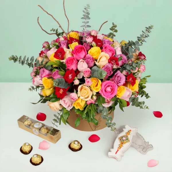 Gemstone Rakhi with Mixed Roses and Ferrero Box