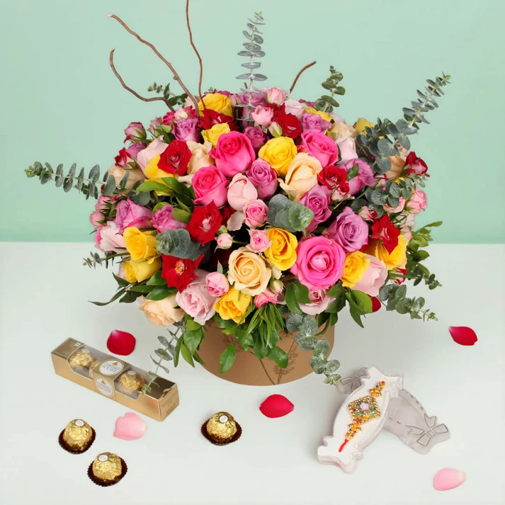 GemstoneRakhiwithMixedRosesandFerreroBox_2 Gemstone Rakhi with Mixed Roses and Ferrero Box - Image 1