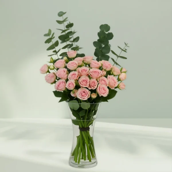 20 Pink Roses with Eucalyptus Vase