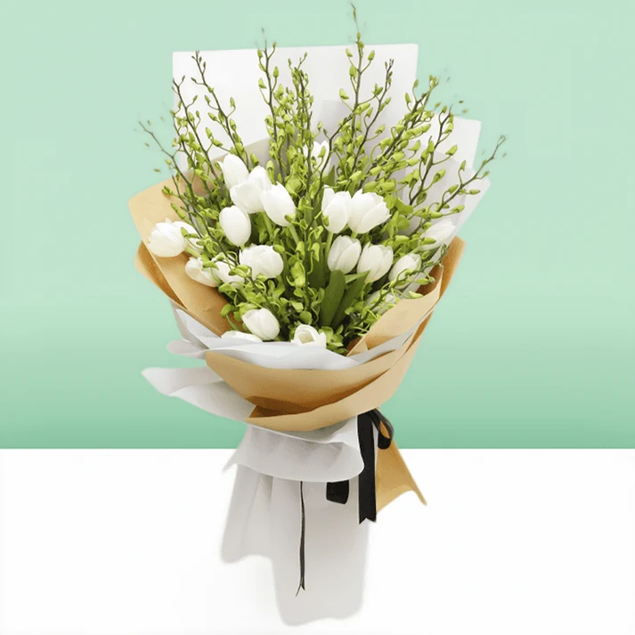 Orchid-and-Tulip-Bouquet-1 White Orchid and Tulip Bouquet - Image 1