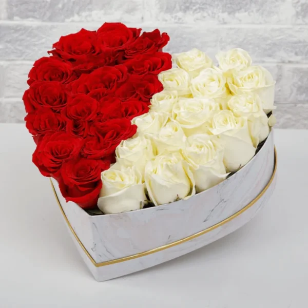 Half Red and White Roses In Marbled Box