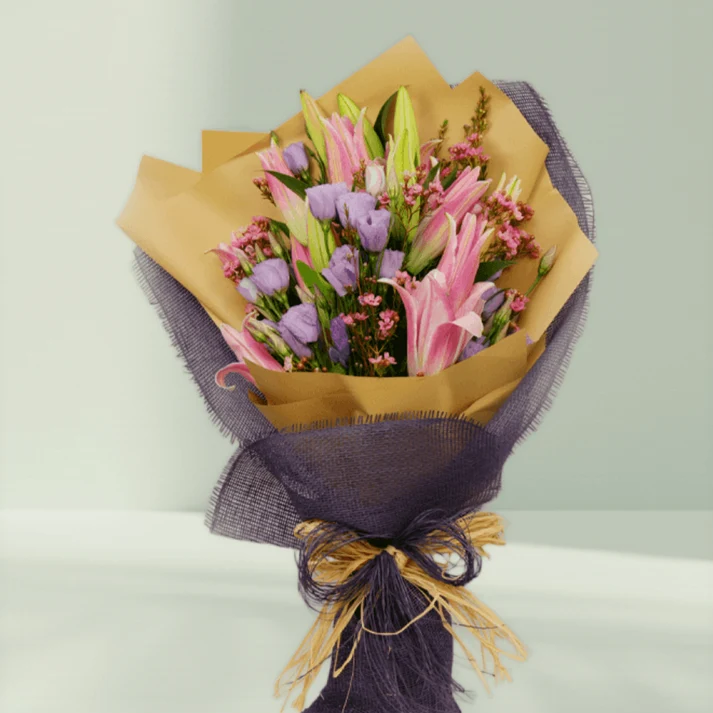 Wineberry-Sunset-Pink-Lily-and-Purple-Bouquet-3 Wineberry - Lily Eustoma Bouquet - Image 1