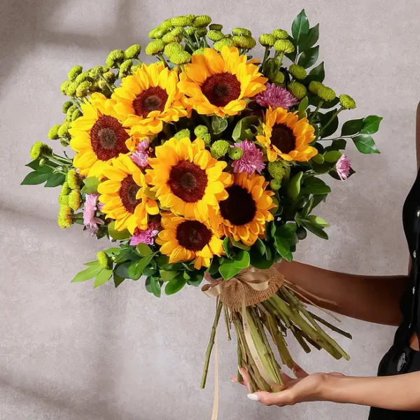 Sunlit Charm Sunflower n Daisy Hand-Tied Bouquet