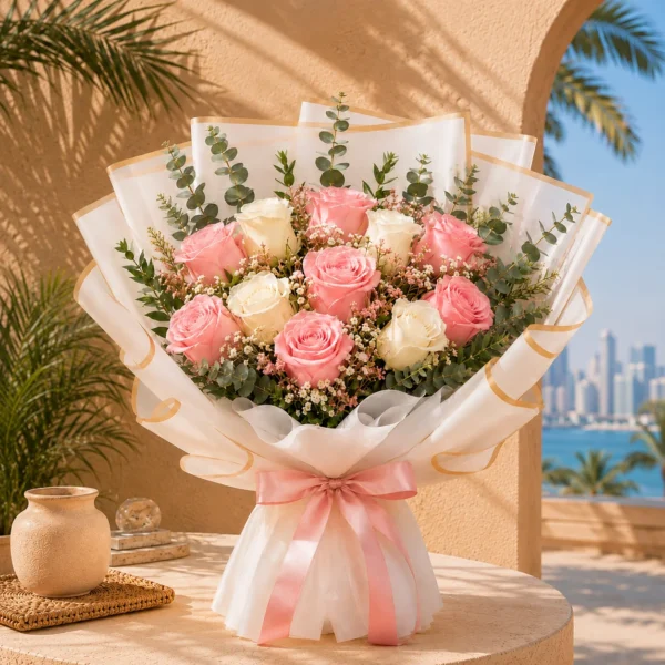 11 Pink & White Rose Bouquet