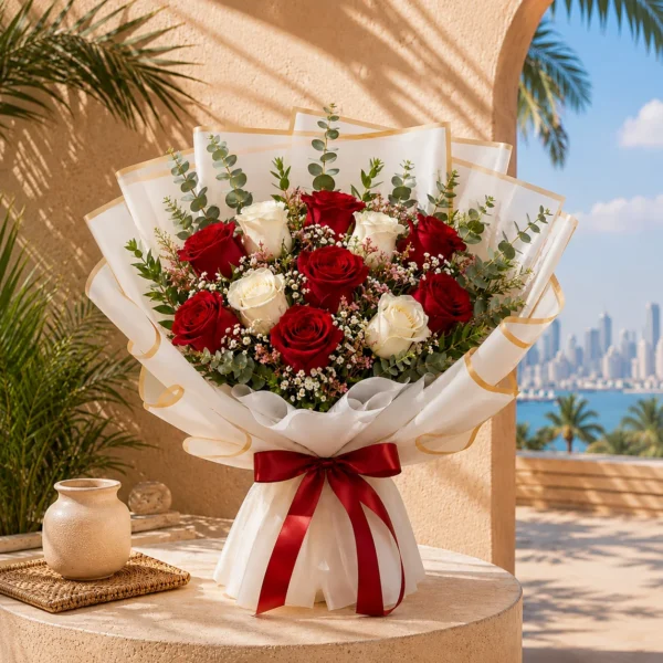 11 Red & White Rose Bouquet